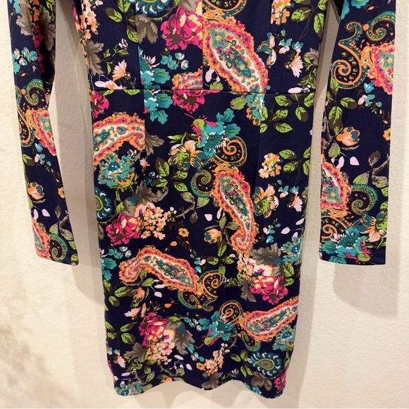 Konice Black Floral Print Long Sleeve Bodycon Mini Dress Size S Preowned - Picture 4 of 5